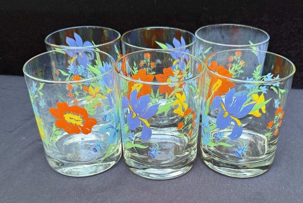 6 Dorothy Thorpe Hand Painted Poppy Daffodil Spring Flowers Floral Glasses 10 oz